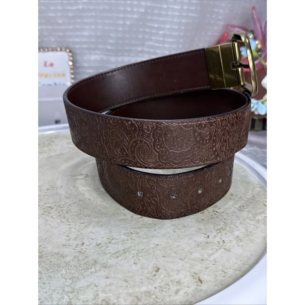 (H)Robert Graham Barnstable Reversible Brown Leather Belt Gold Buckle 36
